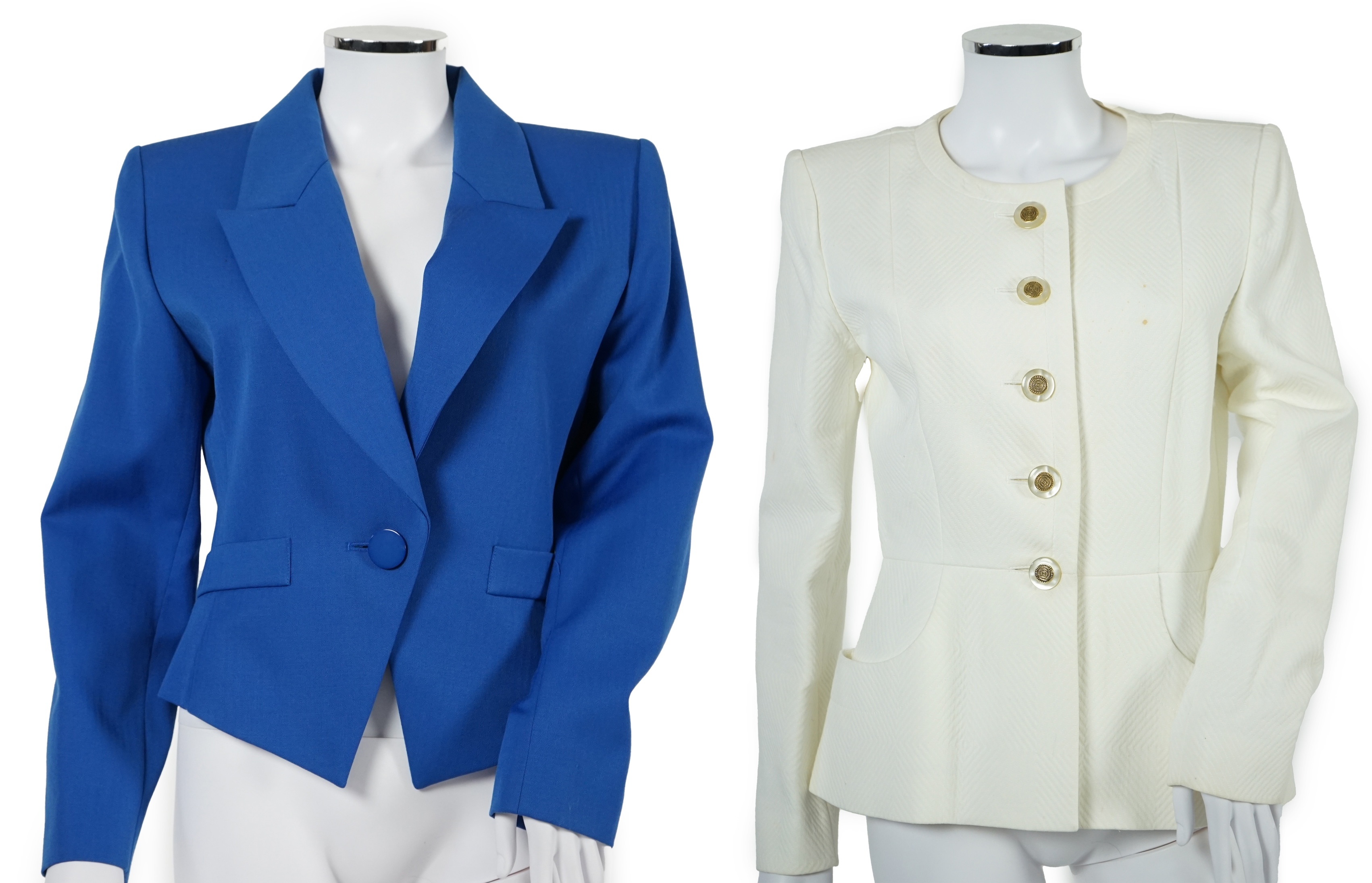 Two vintage Yves Saint Laurent variation lady's skirt suits, F 40 (UK 12).Please note alterations to make the waist smaller may have been carried out on some of the skirts. Proceeds to Happy Paws Puppy Rescue.